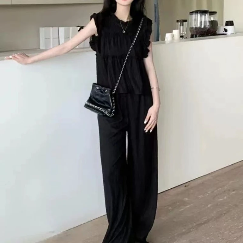 Fashion two-piece set women's summer temperament patchwork black fungus small fly sleeve top high waist straight leg pants