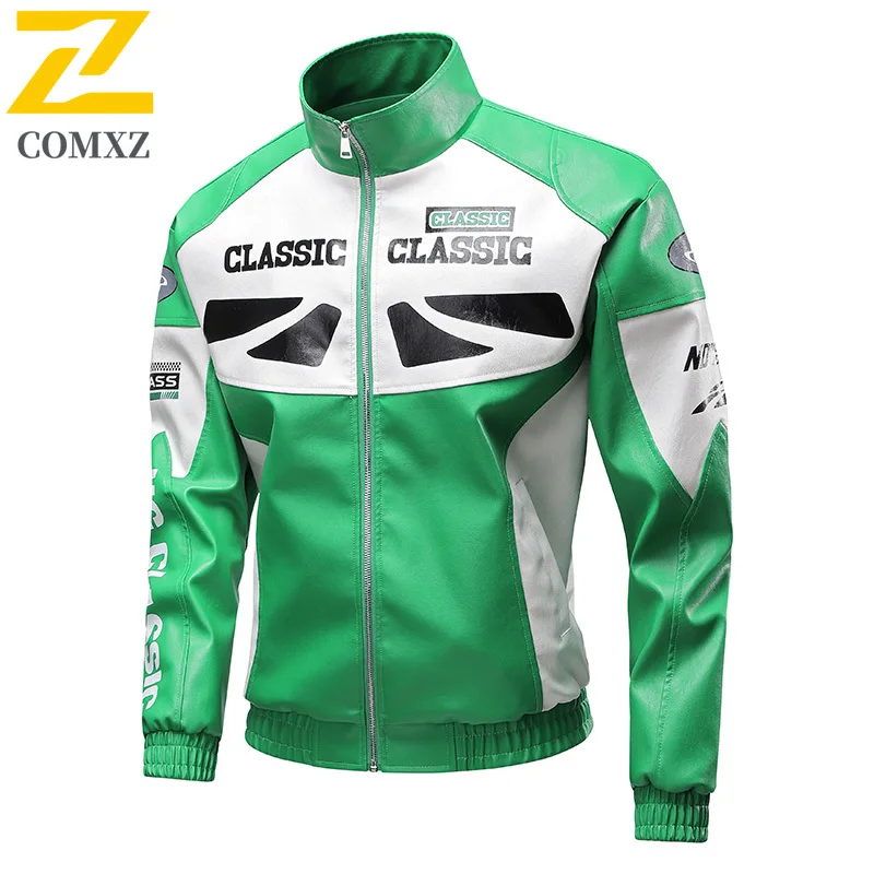 

COMXZ Premium Unisex Leather Jacket New Classic Color Block Hiking Windproof Leather Coats Outdoor Sports Durable Comfort Coat