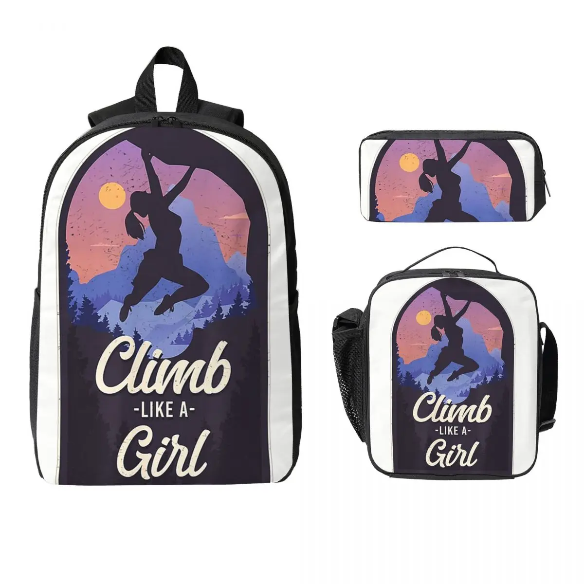 

Rock Climbing Climber Climb Like A Girl Backpack Boys Girls BookBag School Bag Shoulder Bags 3ps Insulated Lunch Bag Pencil Case