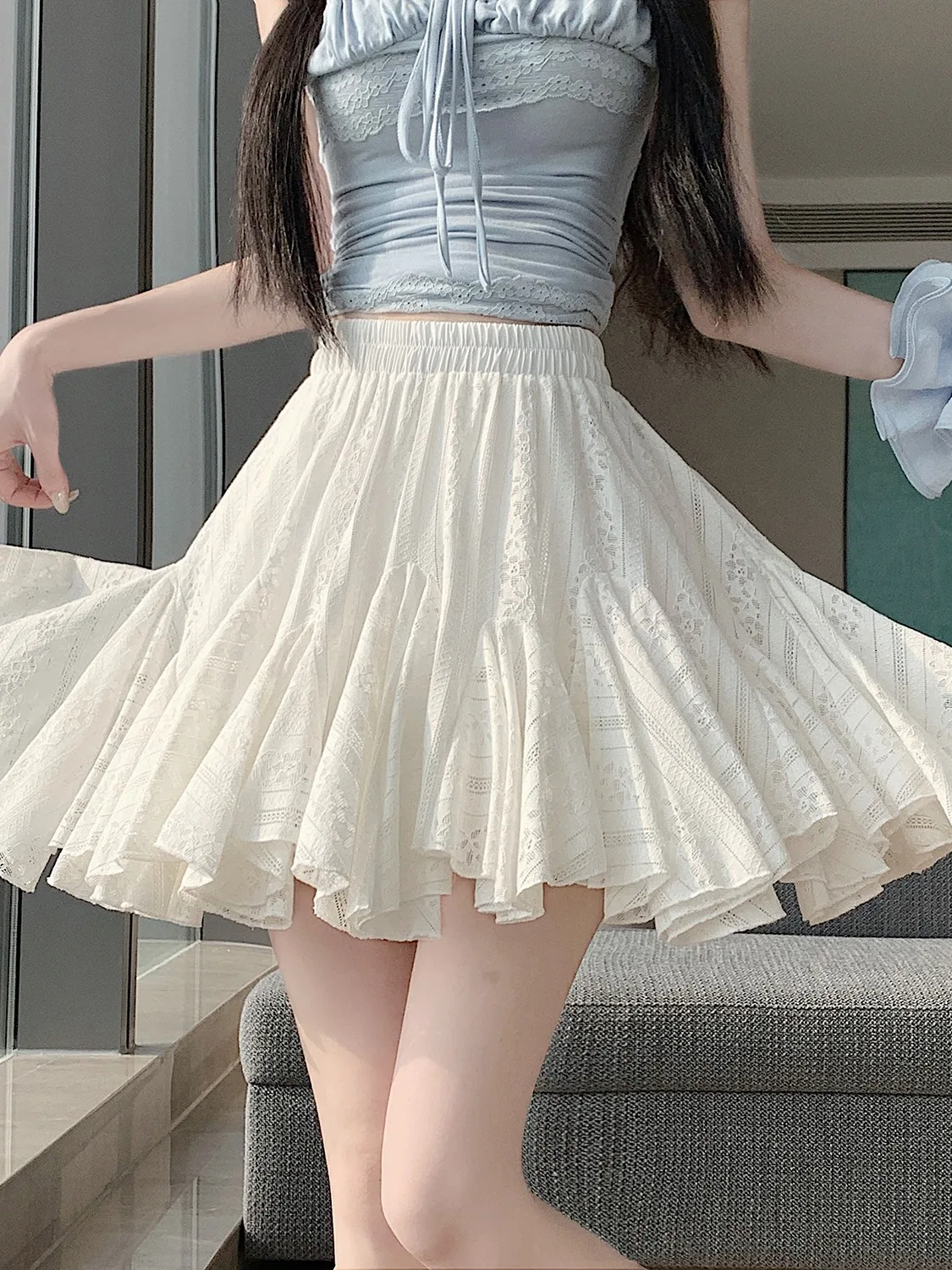 

Нежная женская юбка в балетном стиле с асимметричным кружевом, летняя молодежная короткая юбка А-силуэта с высокой талией, мягкая и удобная