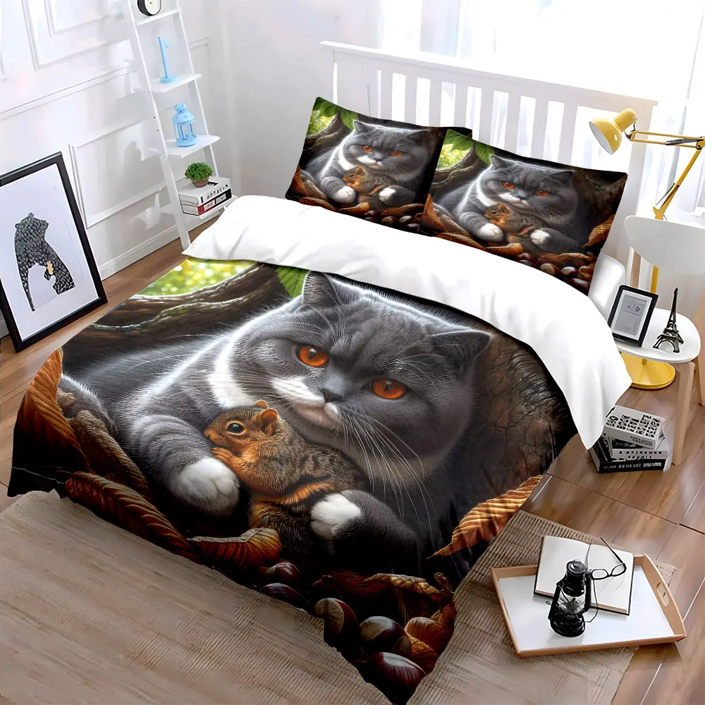 British Shorthair cat cradling a squirrel Print Bedding Set 1 Duvet Cover 2 Pillowcases for Adult and Children Luxury Gift