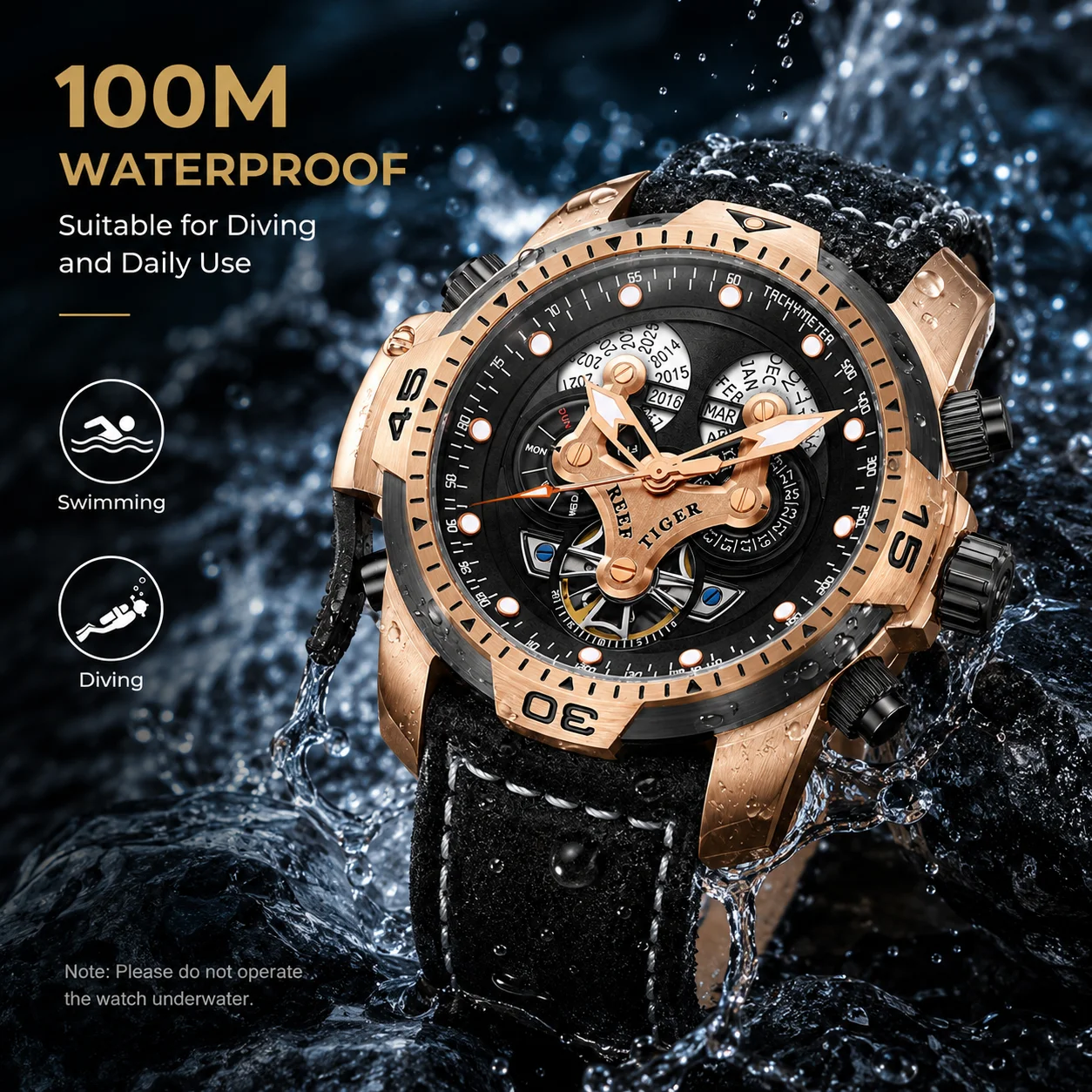REEF TIGER Men's Luxury Automatic Mechanical Watch, Military Style, Leather Strap, Stainless Steel, Water Resistant