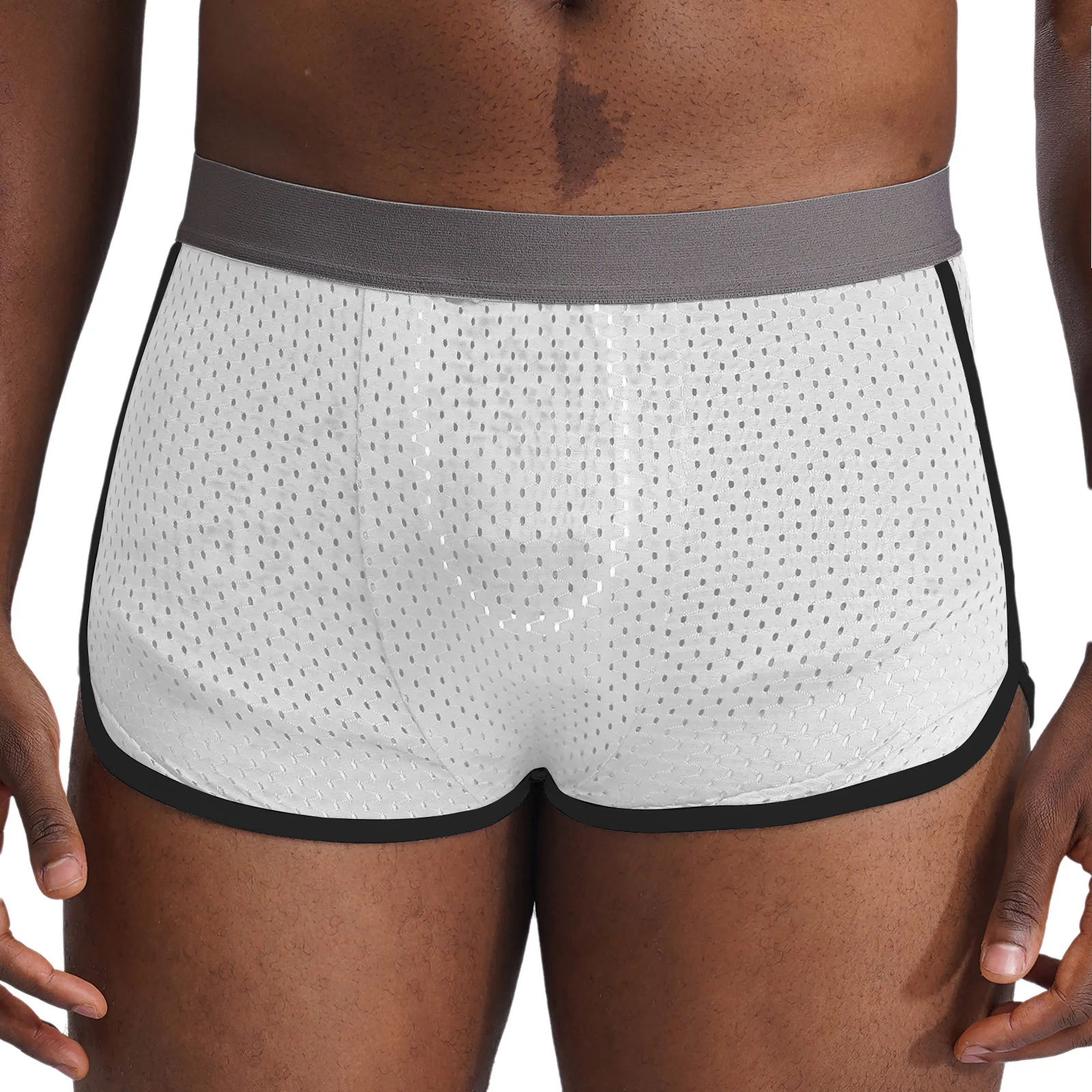 Men Hollow Out Mesh Boxer Shorts Reversible Underwear U Bulge Pouch Side Stripe Side Split Athletic Workout Casual Shorts