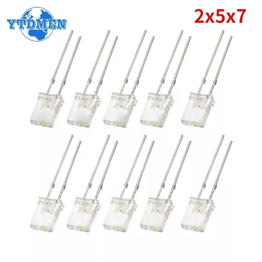 100PCS 2x5x7 LED Diodes Square Transparent Light Emitting Diode Lamp White Red Yellow Blue Green Electronic Luminescent Products