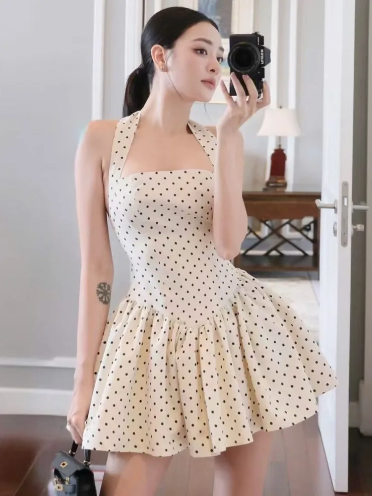 2025 Fashion Polka Dot Print Dresses Summer Sleeveless Halter Neck Backless Sexy Dress Holiday Slim A-Line Dress