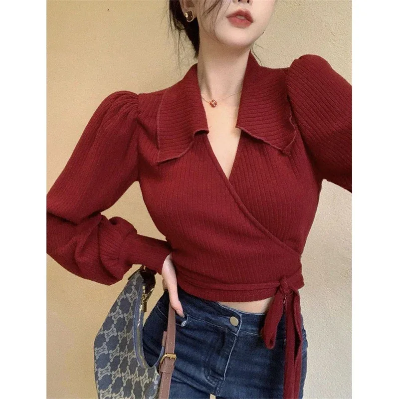 MEXZT Vintage Cropped Sweater Women Bandage Knitted Pullovers Streetwear Korean Lantern Sleeve Knitwear Elegant Bodycon Jumpers