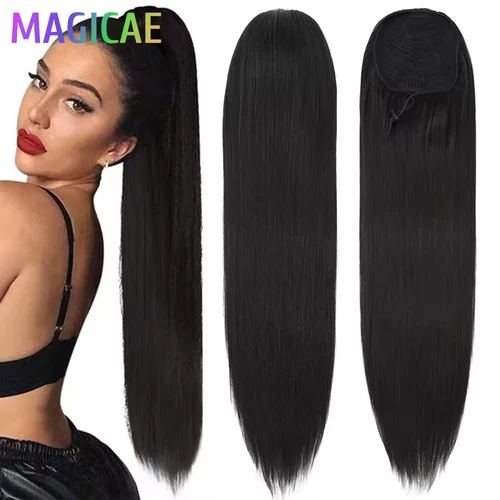 28 pulgadas 180 gramos cola de caballo recta rubia 27/613 extensiones de cabello con Clip Ombre marrón Piano rubio color bio pelo sintético