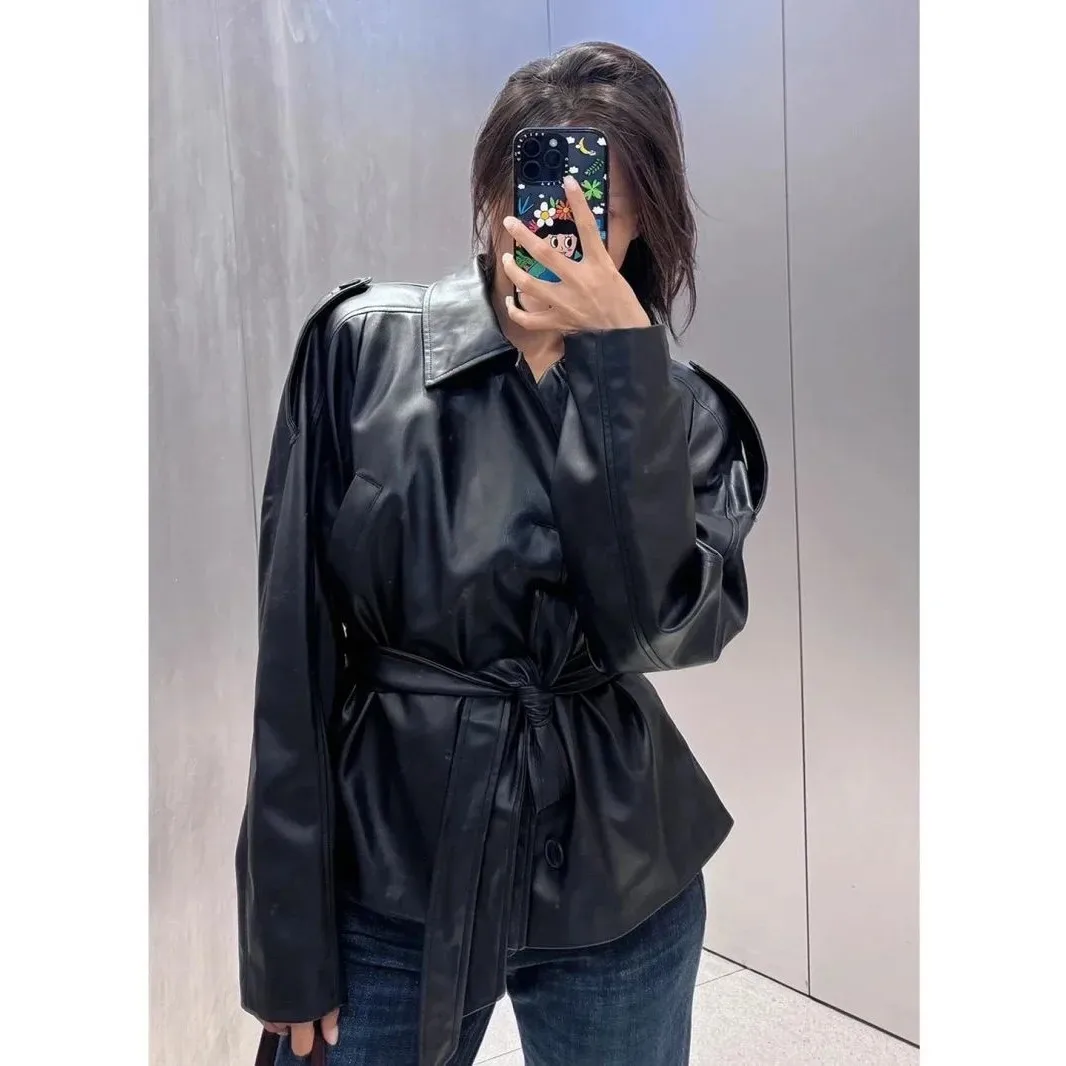 Nuovo Cappotto Invernale da Donna in Pelle con Cintura, Elegante e Sottile, Abbigliamento Esterno Femminile Autunno-Inverno