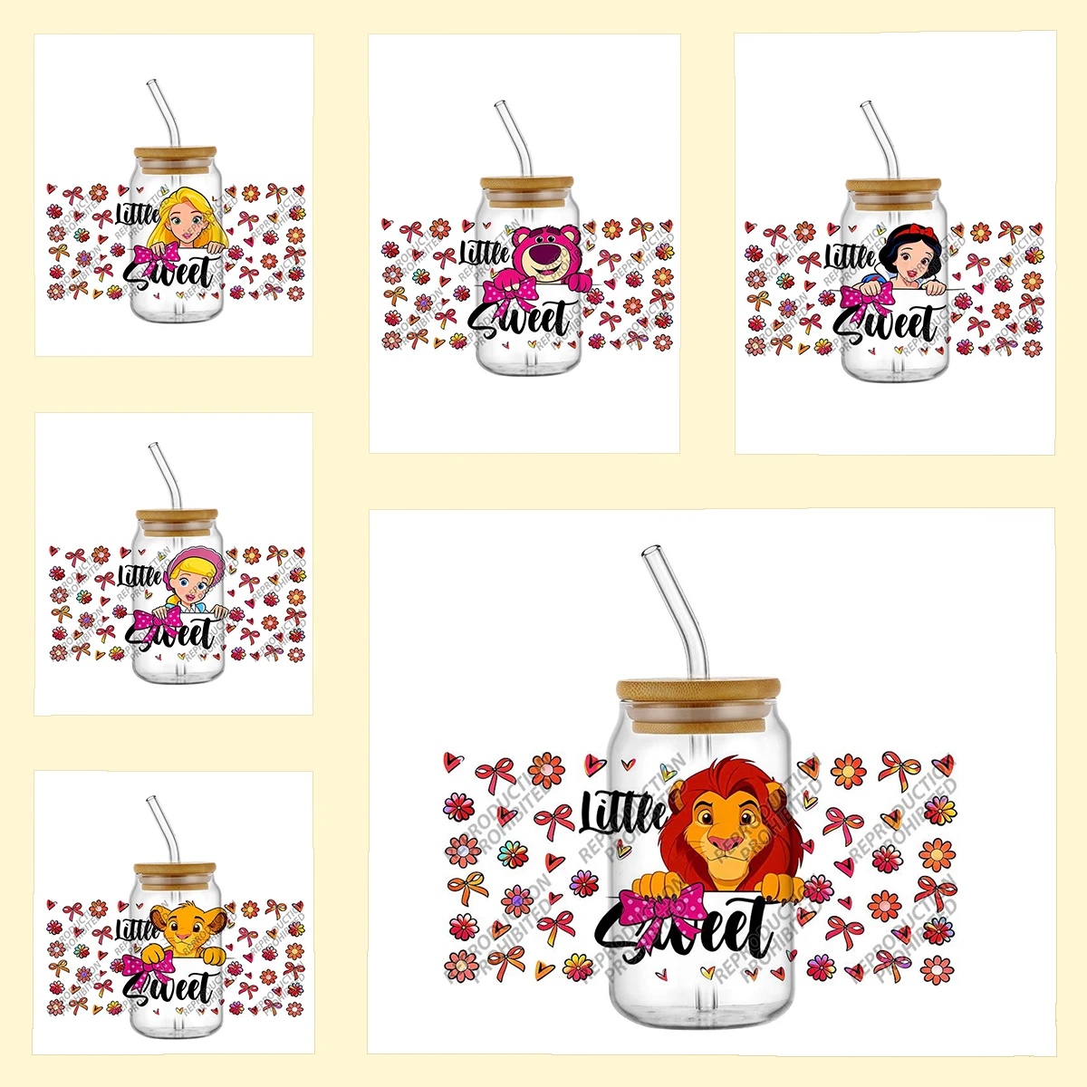 Calcomanía de Vinilo 3D Impermeable con Dibujos Animados de Disney, Flores Coloridas y Lazos para Vasos, Adhesivo Decorativo para Tazas de Princesas
