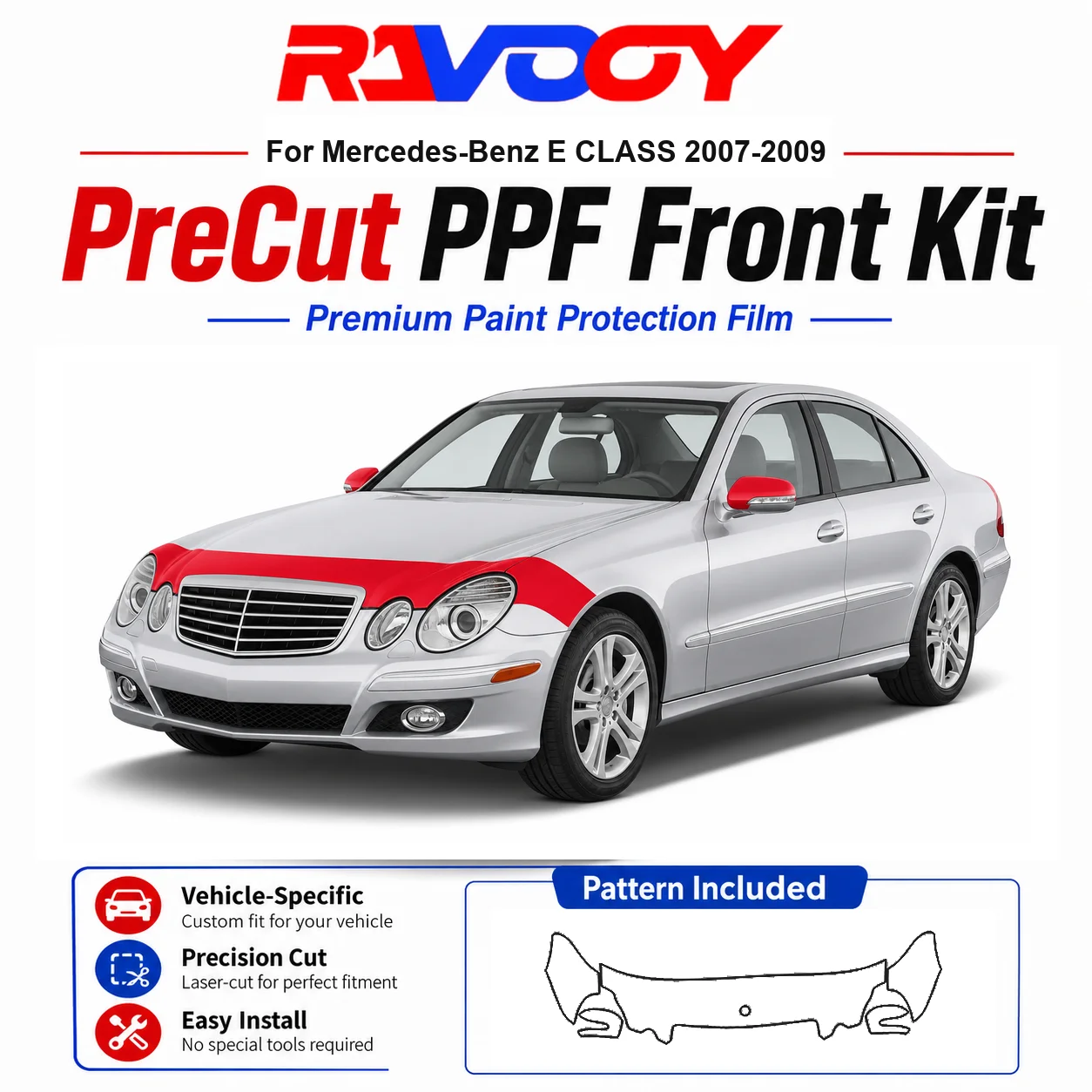 

8.5mil TPU Precut PPF Kit For Mercedes-Benz E CLASS 2007-2009 - Hood, Fenders & Mirror Set - Self-Healing Clear Bra Film