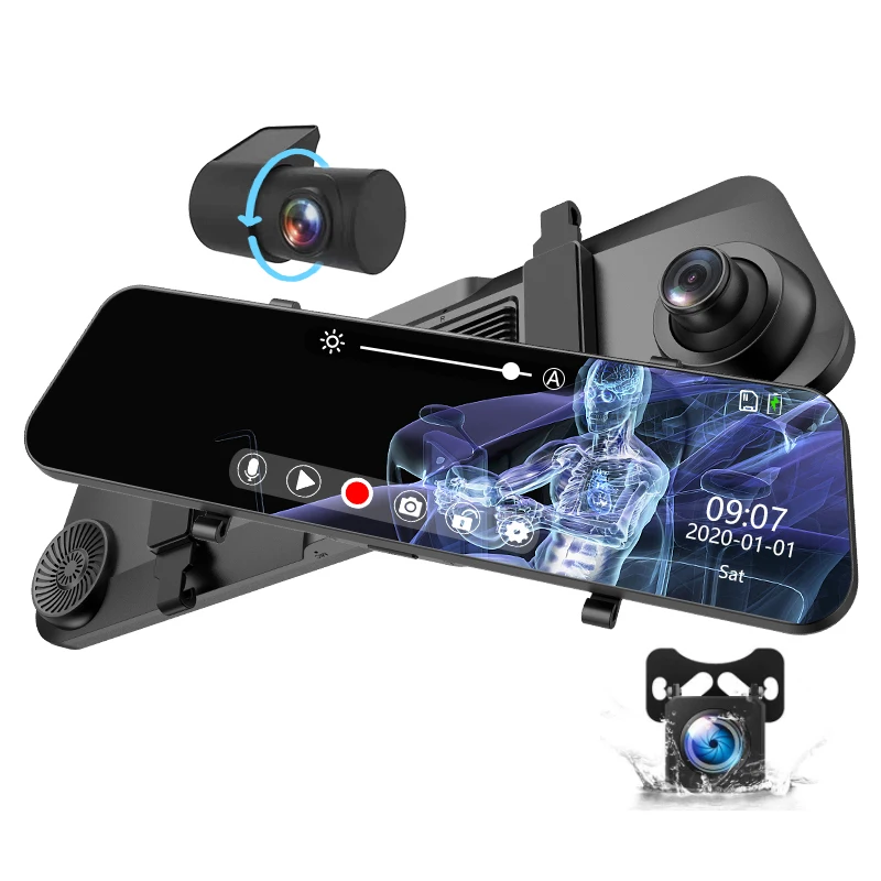 Night Vision 1080P 12 Inch 3 Lens Mirror Dashcam 3 Channel Car Back Camera Dash Camera For Car