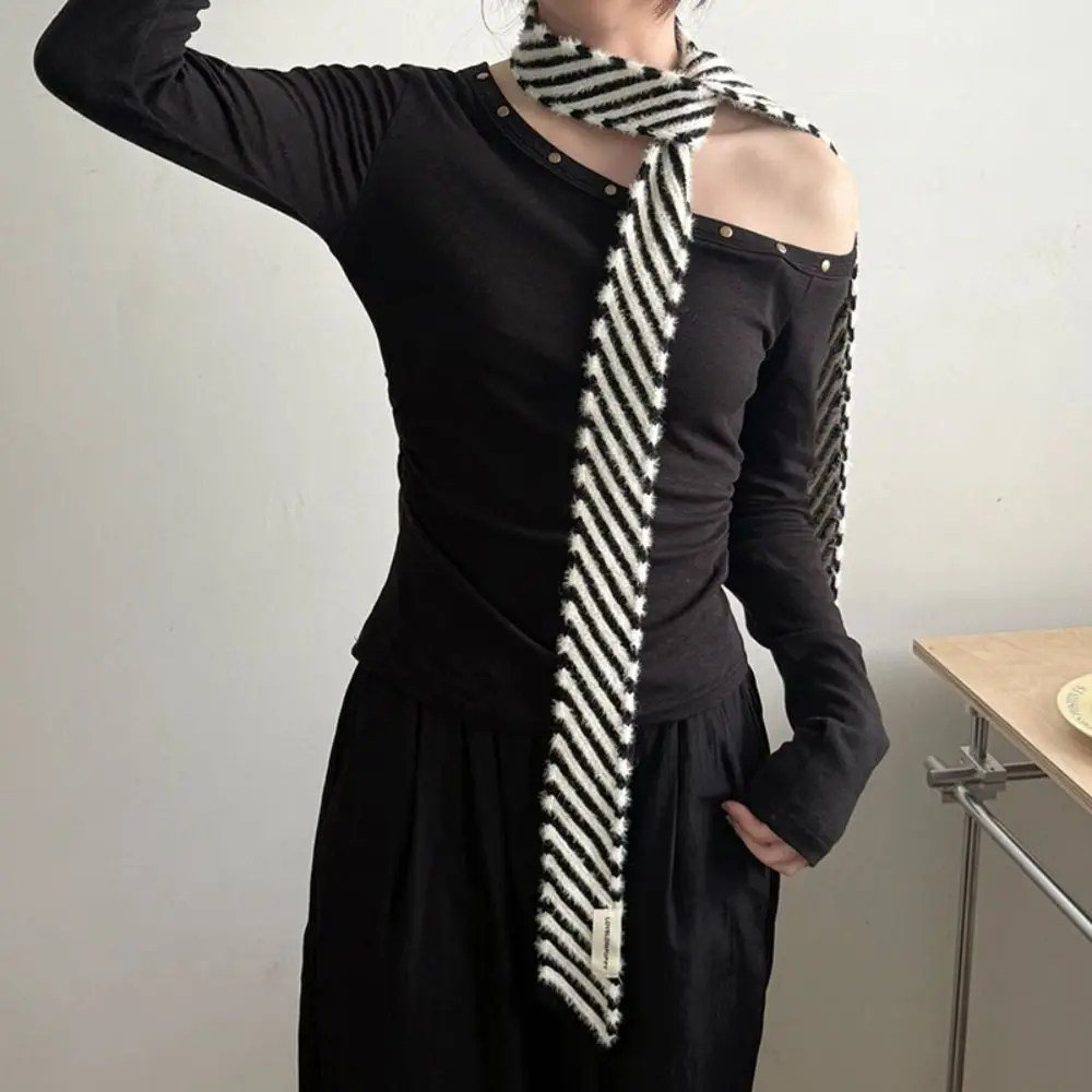 

Модный уличный женский вязаный шарф с узором в полоску 180 см, шейный шарф из искусственного меха норки, тонкий шарф Y2K для девочек, украшение