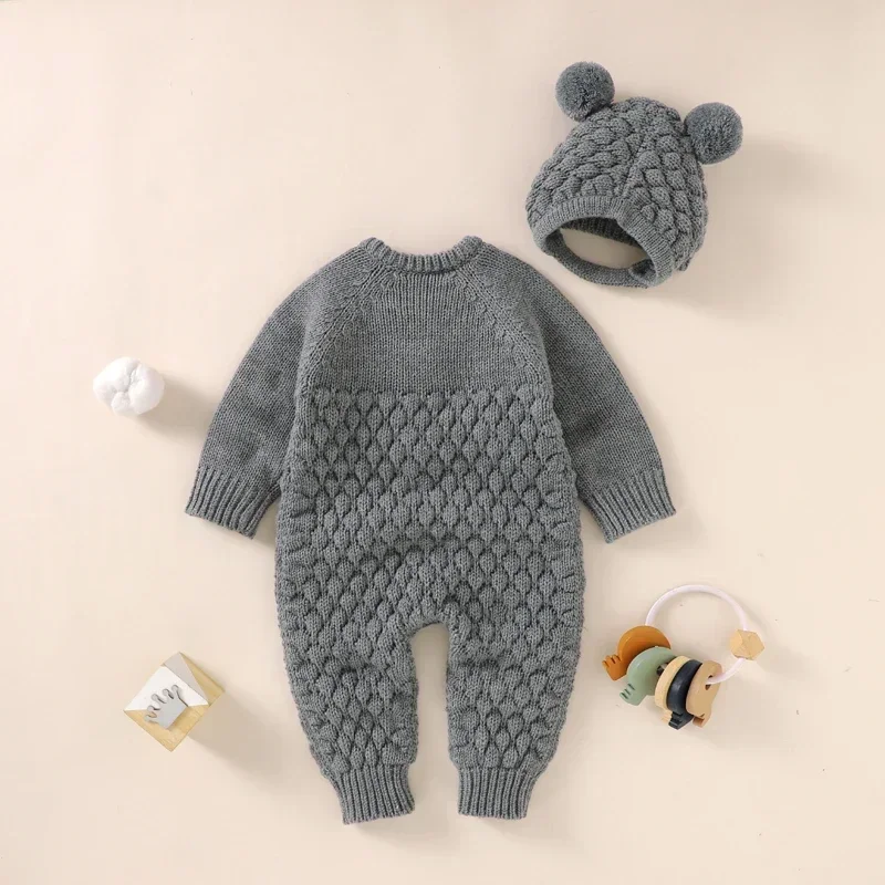 Baby Rompers Long Sleeve Autumn Newborn Girl Cute Jumpsuit Outfits Solid Knitted Infant Boys Clothing Set 2PCS Playsuit Hat Warm