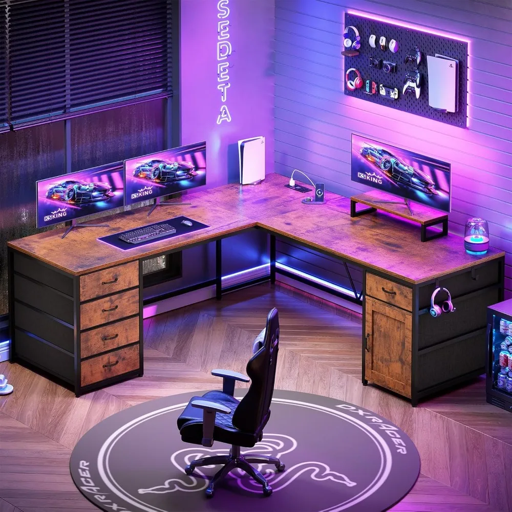 مكتب على شكل حرف L، مكتب كمبيوتر مقاس 63 بوصة مع 5 أدراج ومخرج طاقة، مكتب مكتب منزلي طويل أو مكتب زاوية، مكتب زاوية على شكل حرف L مع