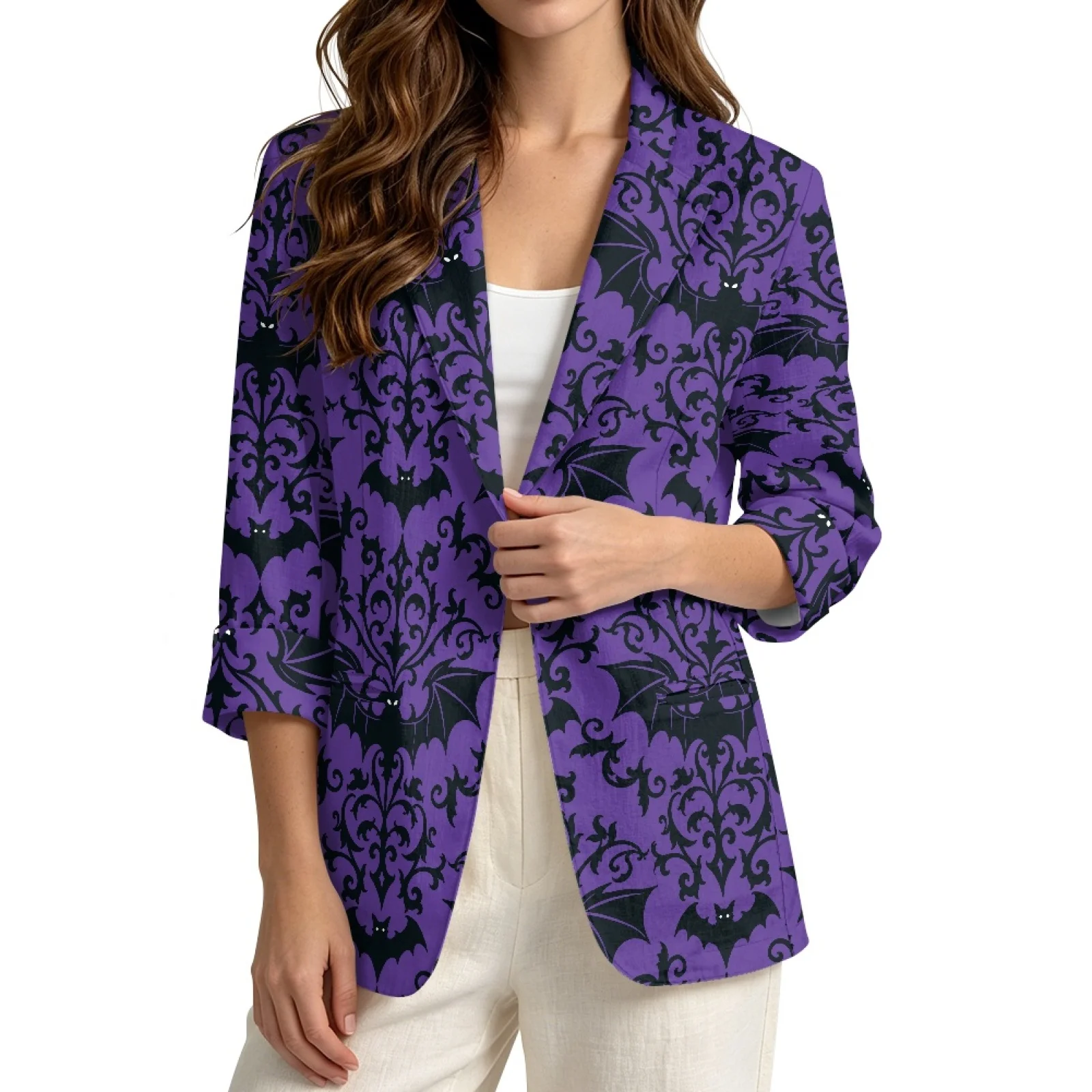 PENSTROLL Women Open Front Outerwear Featuring Black Bat Damask, Linen Style Loose Soft Blazer for Beach and Hiking, Sizes S-3XL