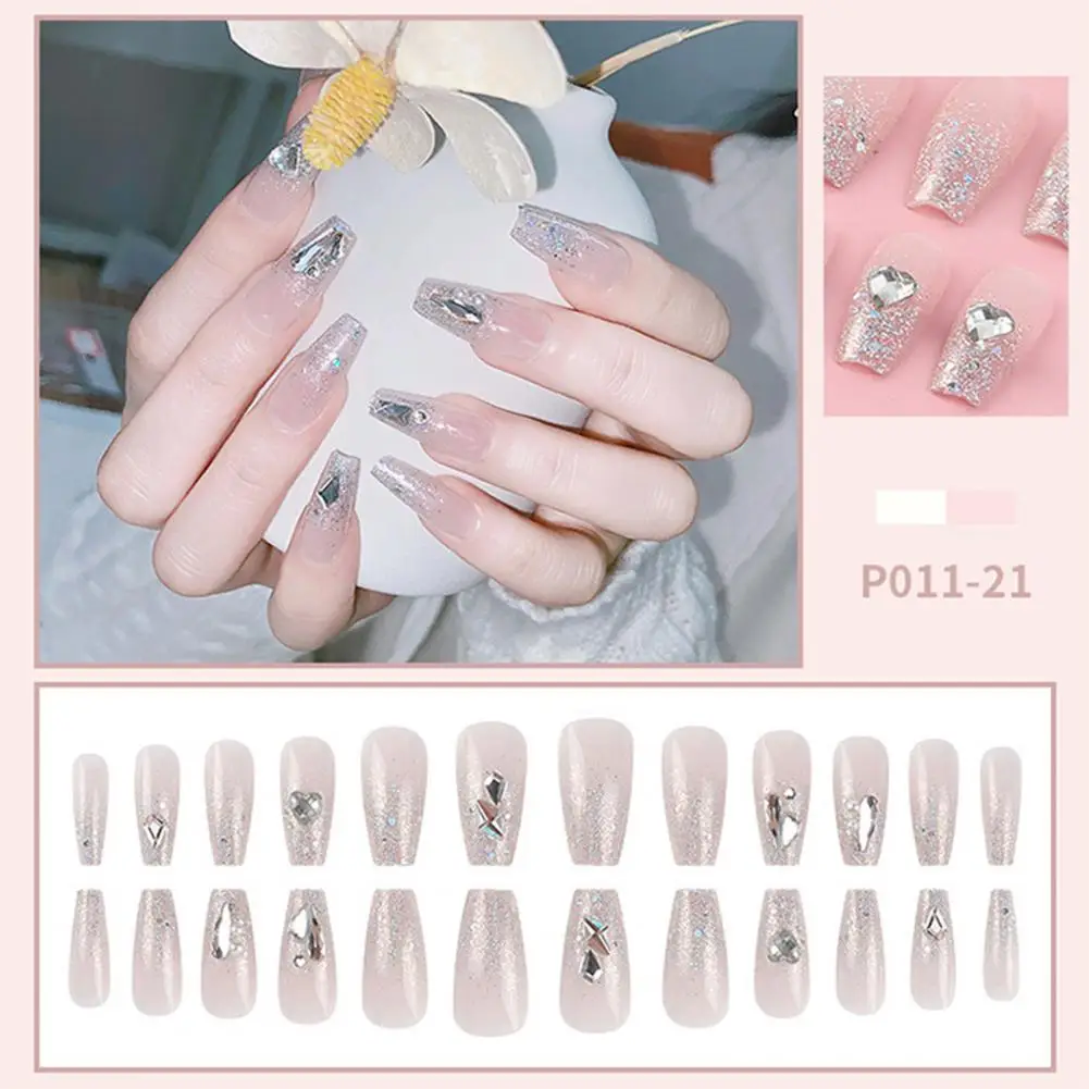 

24Pcs Fake Nails with Glue Wearable Full Coverage Harmless Nail Decoration Rhinestones Decor Women False Nails Nail Salon Supply