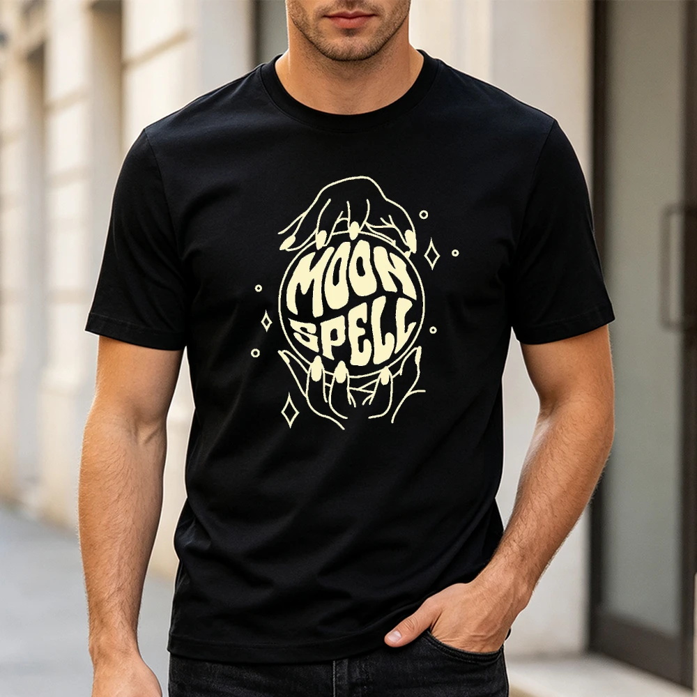Moon Spell Crystal Ball Witchy Graphic T Shirt Unisex Black Short Sleeve Tee Magic Occult Art Print Top Summer Boho Goth Tees