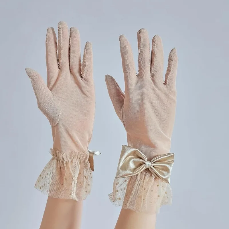 Women Sexy Mesh Thin Transparent Dot Bow Gloves Summer Sunscreen Drive Breathable Retro Opera Performance