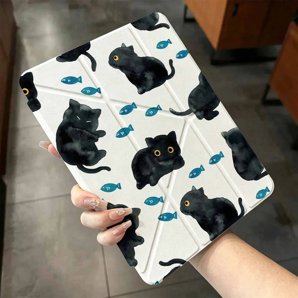 Watercolor Black Cat Fish For iPad Pro 11 12.9 13 A16 M2 M4 M3 M5 Shell 9.7 10.2 5/6/7/8/9/10/11th Mini Air 3 4 5 6 Cover