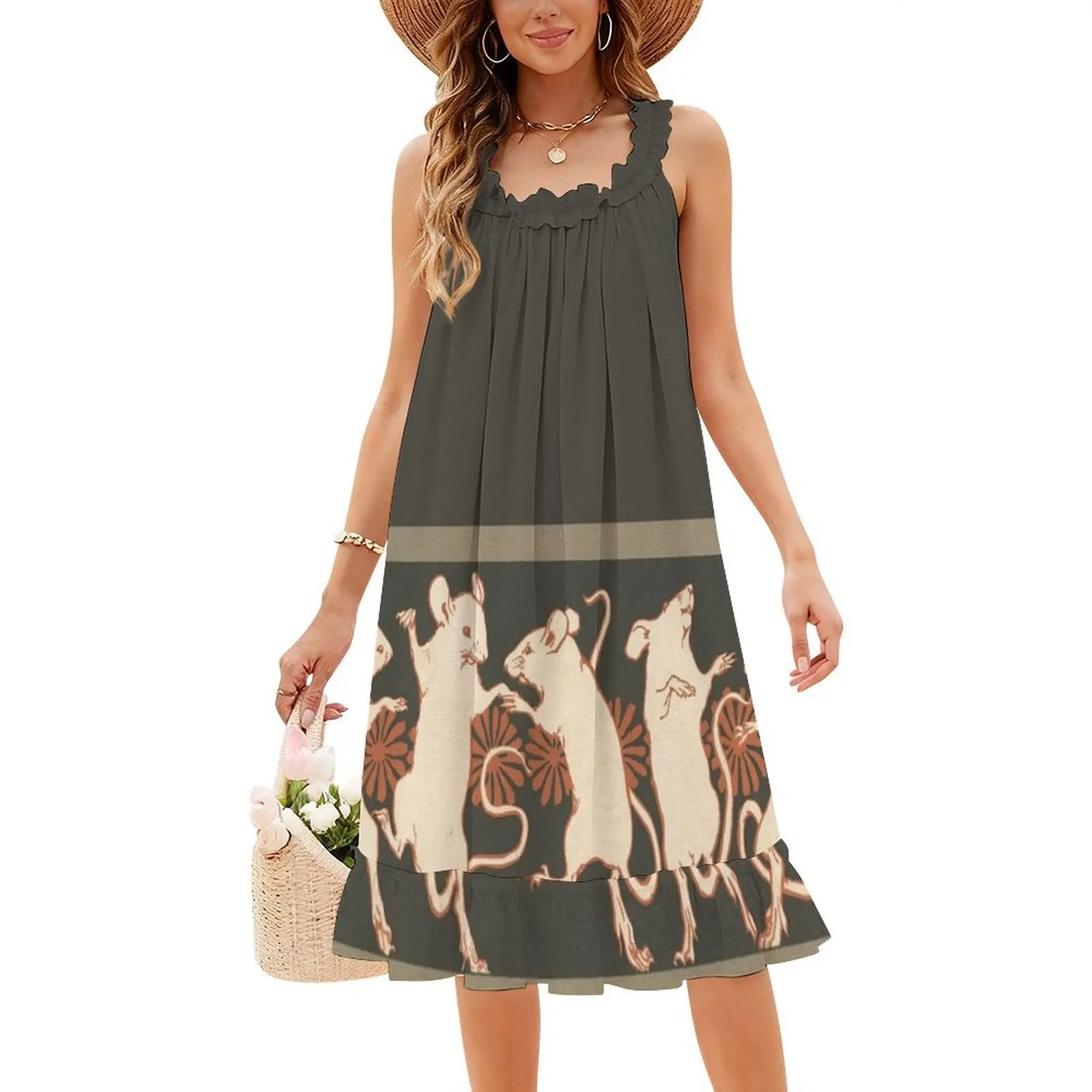 الرقص الفئران خمر الفن الحديث نمط البوهيمي فستان بلا أكمام متعدد طباعة شاطئ عطلة فستان الحفلات الفئران ماوس الرقص #4