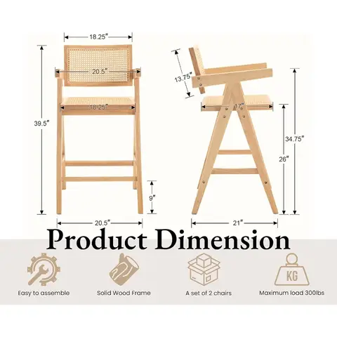 Barstolar i rotting med bänkhöjd, set med 2 moderna barstolar i lantlig trästil, med ryggstöd och armstöd i rotting, bekväma barstolar i mitten av århundradet 6 best sales barstolar set om 2 - №5