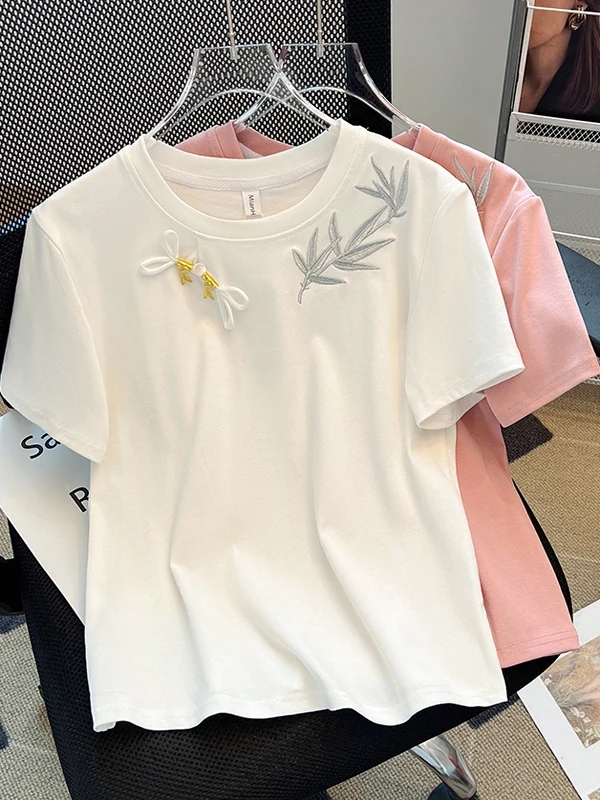 

Ele Chinese Sle ort Sve T-irt Women's Embroidered Button up Top Faionable Summer irt Korean Version Slim Fit