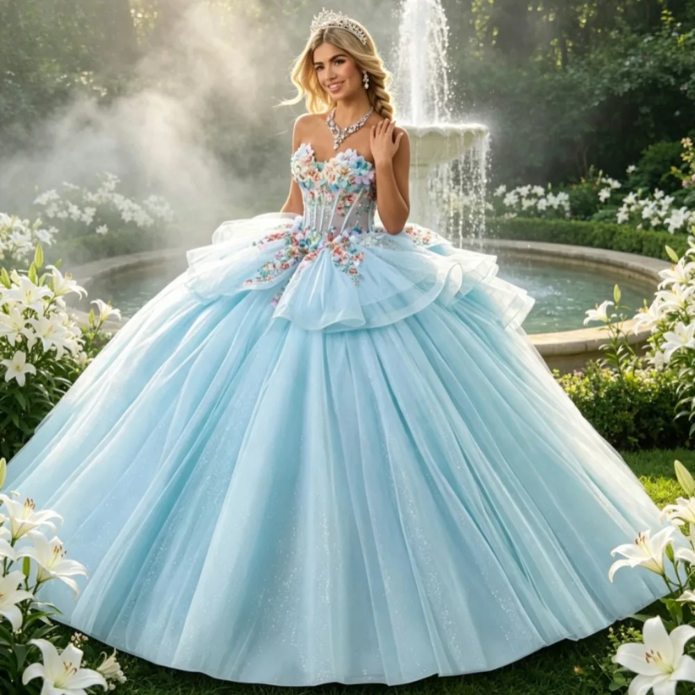 Customized Temperament Glamorous Gorgrous Strapless Quinceanera Dresses for Girl Bow Lace Appliques Tulle Fashion Ball Gown