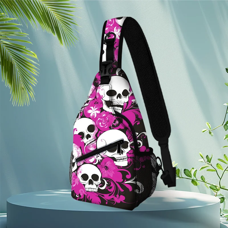 Adjustable Crossbody Sling Bag with Skull Floral Design Stylish Black Waist Pack for Men & Women, Perfect for Outdoor