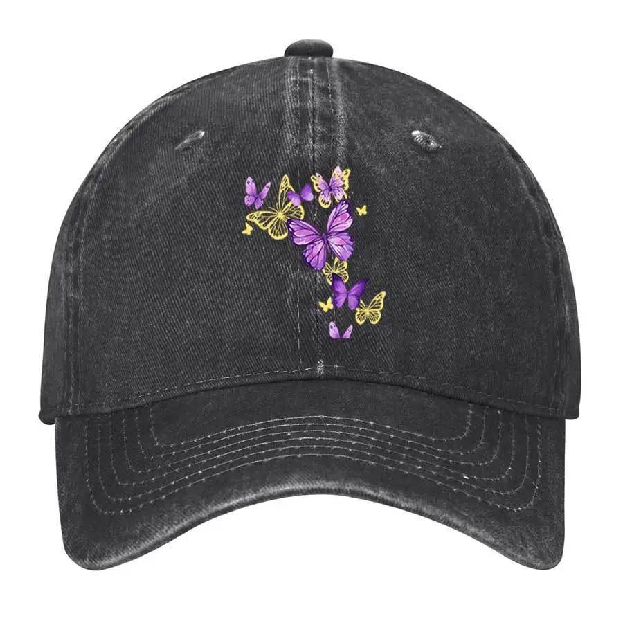 

Бейсболка с фиолетовыми и желтыми бабочками, джинсовая, регулируемая, повседневная, спортивная, с эффектом потертости