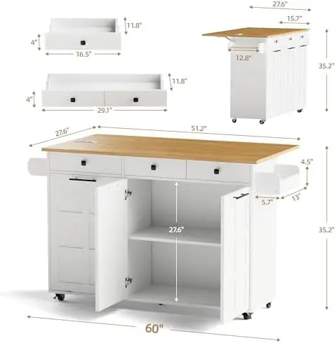 60” Kitchen Island with Drop Leaf & Power Outlet, Kitchen Rolling Island with Spice Rack & Towel Rack, Mobile Kitchen