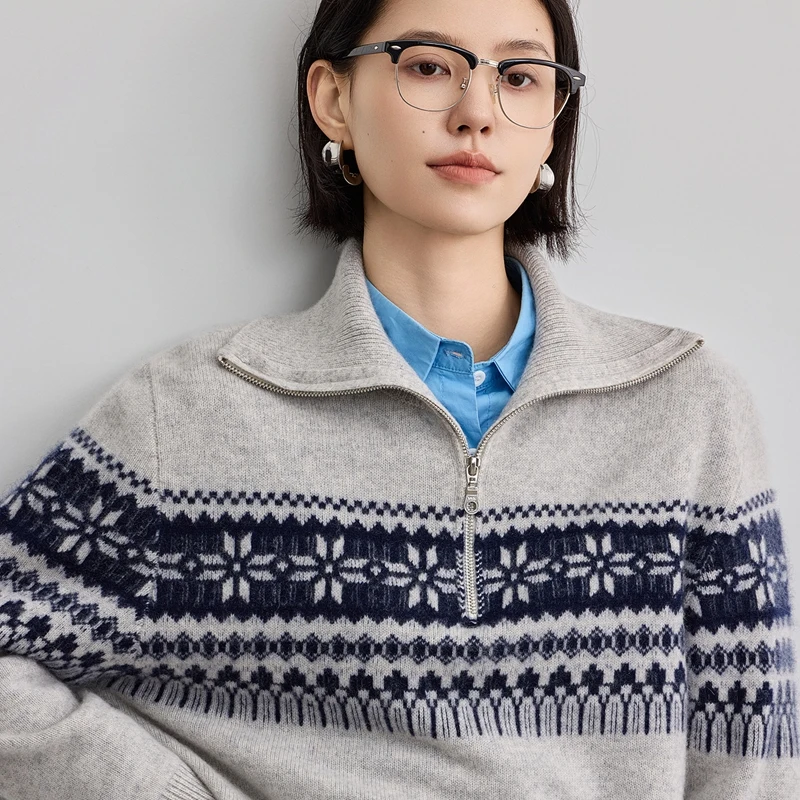 Classic Retro Half-Zip Pullover Women's 100% Cashmere Casual Trendy Sweater Autumn Winter Soft Comfortable Knitwear Clothing