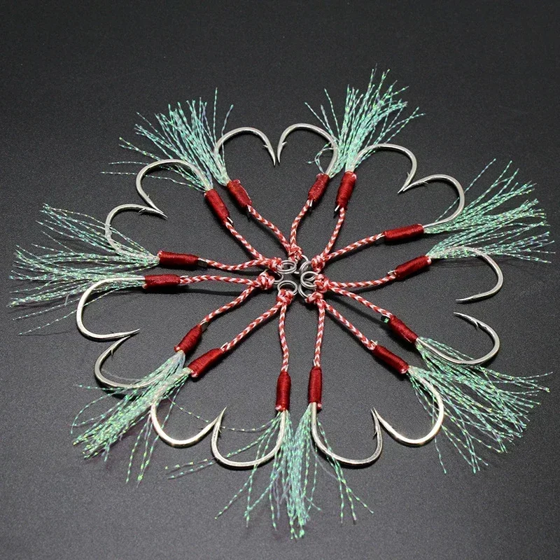 10pcs/lot Fishing Hook Jig Double PairHooks Barbed Thread Feather Accessories Pesca High Carbon Steel Fishing Lure Slow Jigging image 2