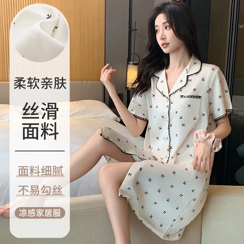 2024 Summer Silk Satin Short Sleeve Sexy Leopard Nightgowns for Women Korean Loose Sleepwear Nightdress Night Dress Home Nighty