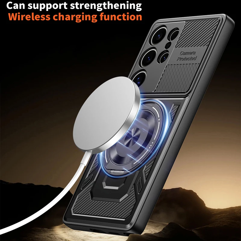 Wireless Charging Cover Phone Case For Samsung Galaxy S25 Edge S23 FE Plus S24 Ultra Protect Metal Holder Silicone Cases