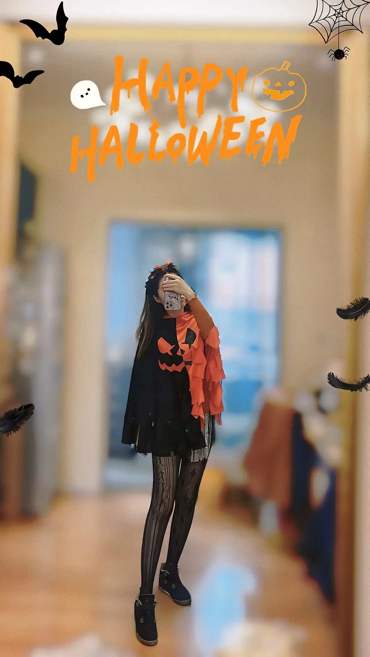 

Halloween cape pumpkin and bat patterns carnival costume hooded color-block printed cosplay outfit funny