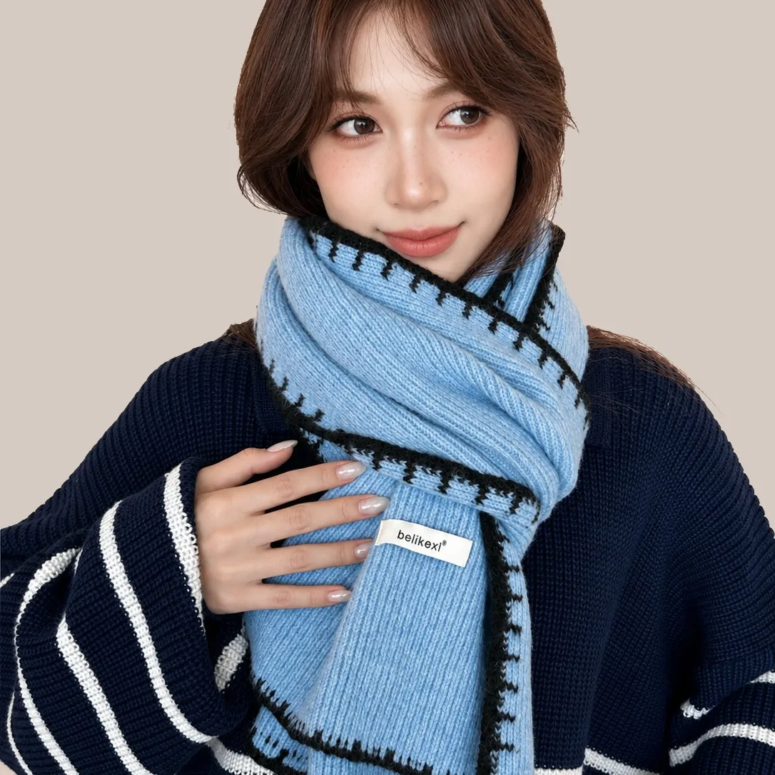 Simple Color-Block Wavy Edge Knitted Scarf Soft Knitted Wool Neck Warmer Women'S Autumn Winter Coat Accessory Christmas Gift