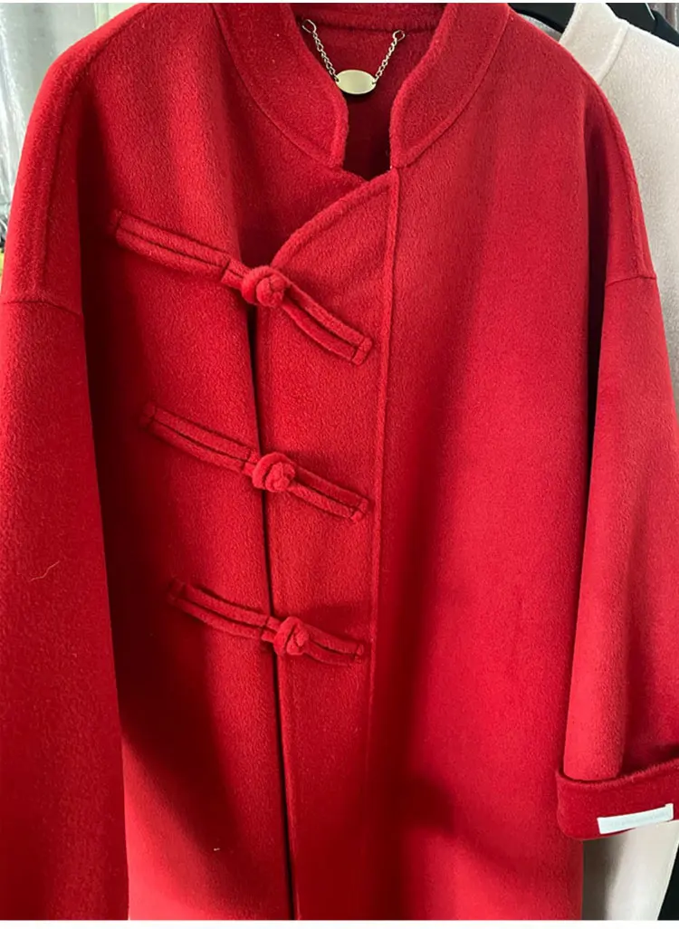 Newest Winter Handmade Buckle Hand Sewn Double-sided Cashmere Jacket Long Sleeve Wool Coat Women's Medium Long Woolen Coat