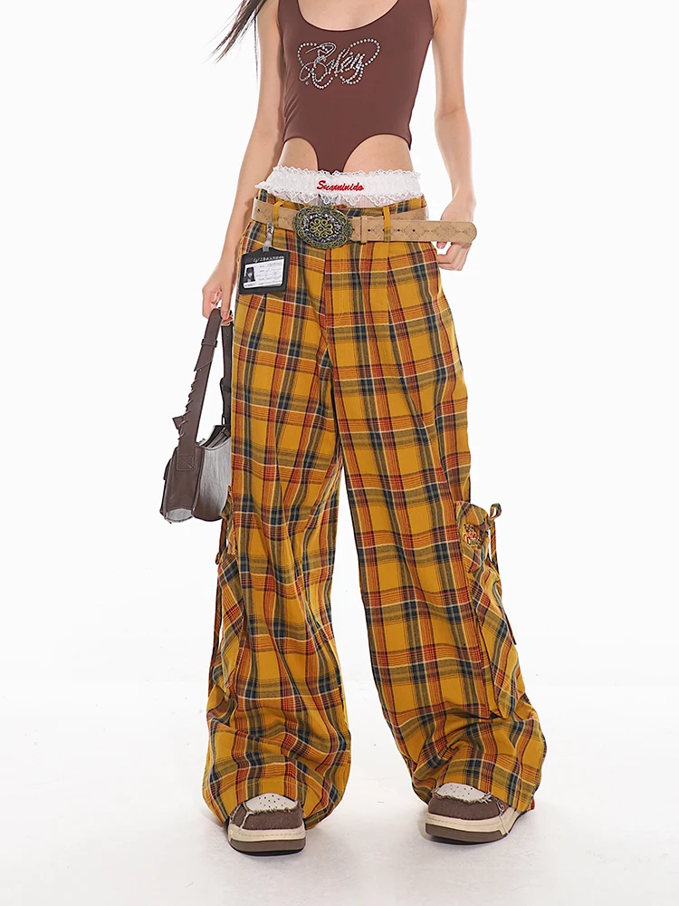 Checked Trousers Women Vintage Plaid Loose Cargo Pants Y2K Hip Hop Wide Leg Long Pants High Waist Straight Red Plaid Pants