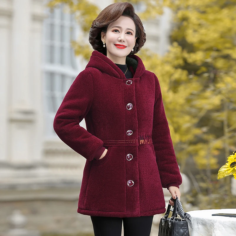 Winter Women Jacket Plus Velvet Cotton Coat Female Overcoat Middle-Aged And Elderly Hooded Warm Outerwear Mother Clothes