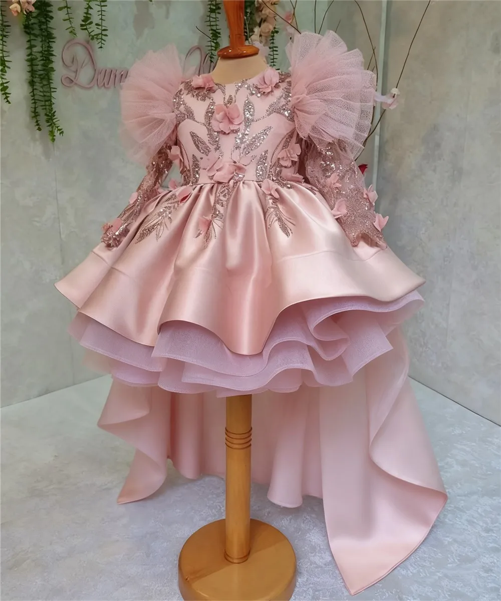 

Customized Luxury Sequined Flower Girl Wedding Dress Appliques Floral Bow Full Length Kids Birthday Party First Communion Gown