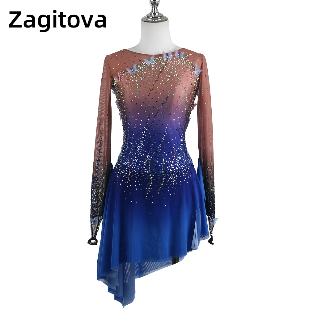 

Платье для фигурного катания Zagitova для женщин и девочек, синее градиентное, для выступлений и соревнований, с декором в виде бабочки