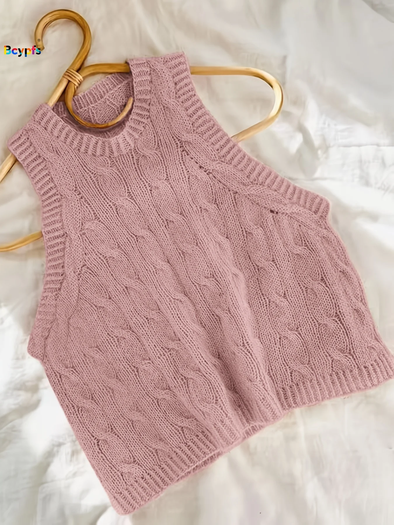 Women's Dusty Pink Cable Knit Sweater Vest Sleeveless Crew Neck Casual Loose Fit Knitwear for Daily Office Layering