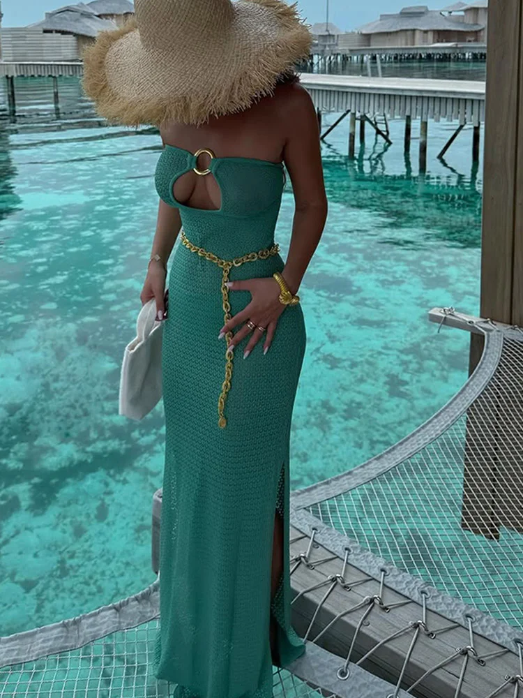Fashion Green Off Shoulder Split Women Knit Maxi Dress Sexy Hollow Out High Waist Backless Slim Dresses Lady New Beach Robes ﻿