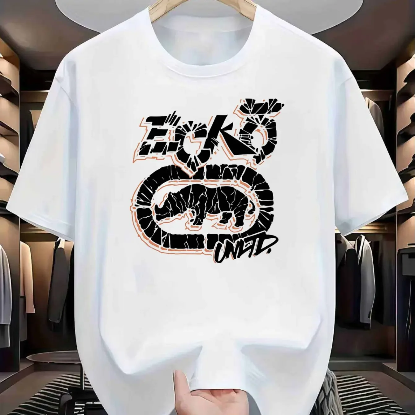 Ecko Shattered Crack Block Letter Tee Fragment Texture Split Oval Rhino Bottom Cursive Unltd Submark Hip Hop Cotton Short Sleeve