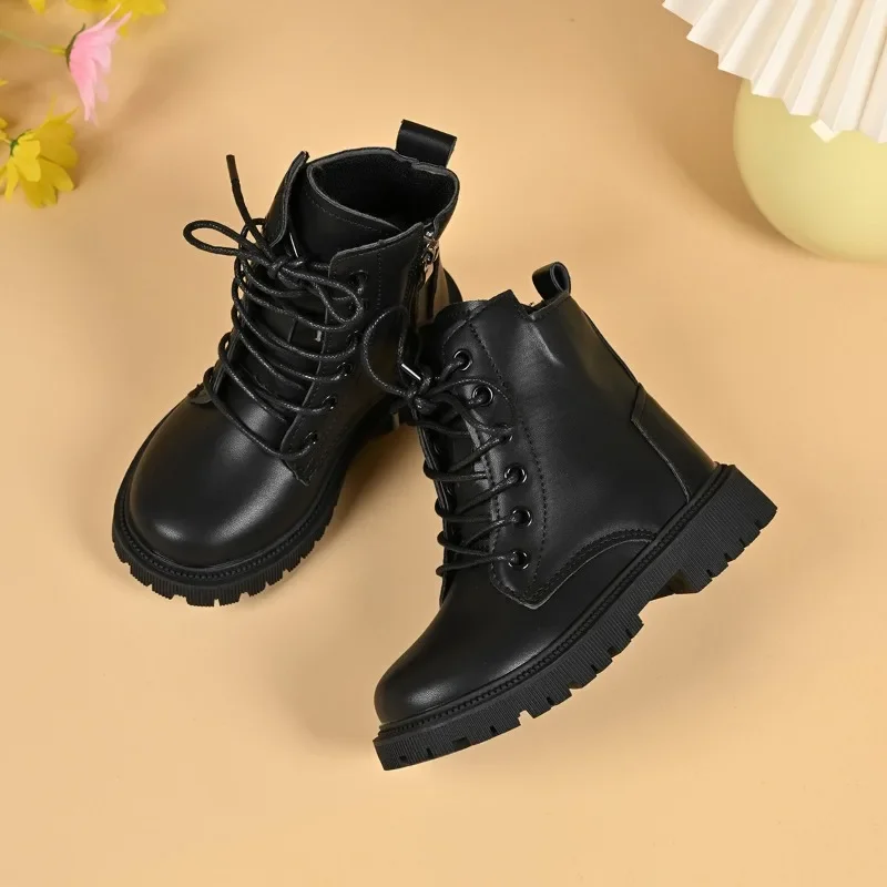 

025, осенне-зимние новые детские полусапожки с круглым носком, однотонные модные кожаные ботинки для девочек, мягкие 2 детские ботильоны, универсальные