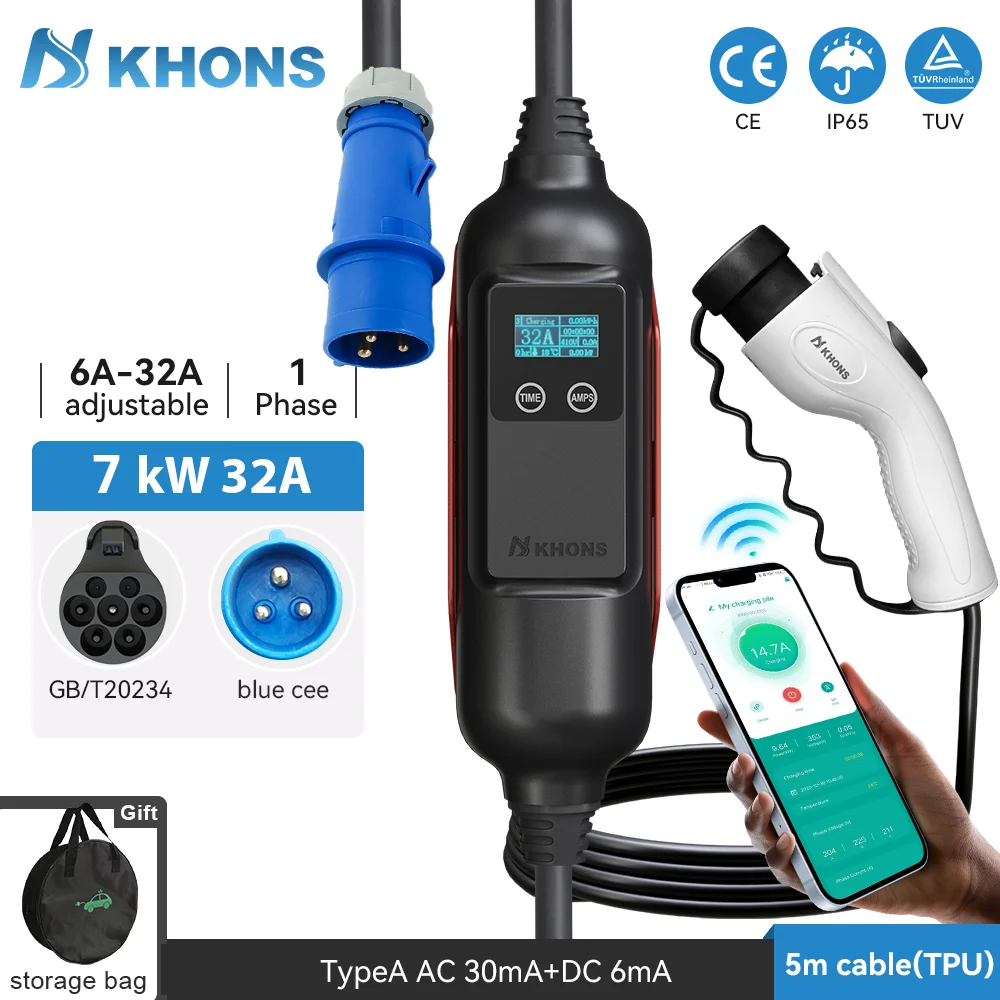 Khons-cargador de vehículo eléctrico GBT, caja de carga EVSE de 32A, aplicación de vehículo eléctrico, versión Bluetooth, Control de corriente, 7KW