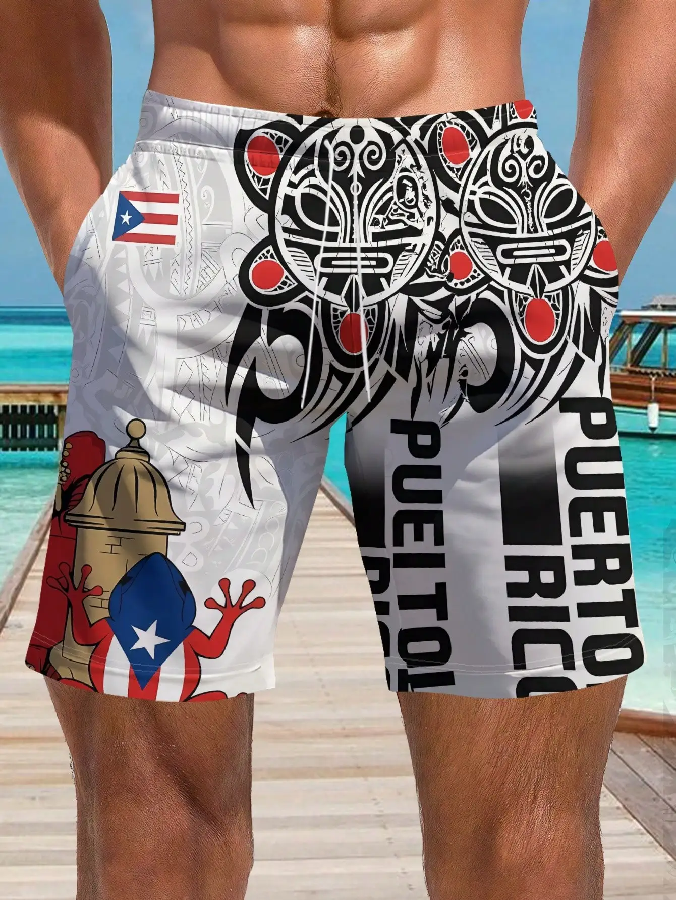 

Local Delivery‌ Made Of, Perfect For Summer Beach ActivitiesMen'S Casual Shorts Featuring Puerto Rican Cultural Totem Prints,