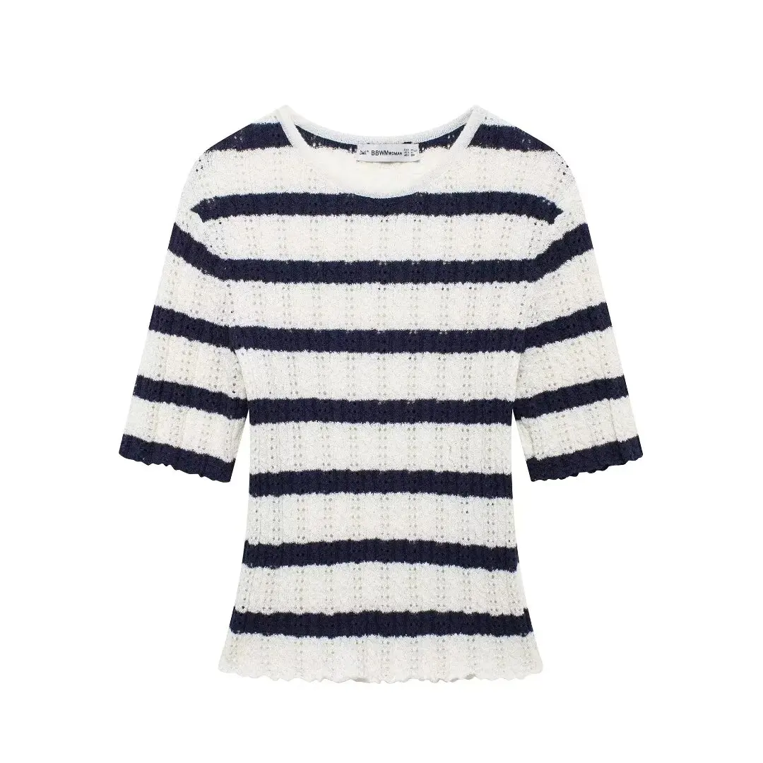 Round neck striped short-sleeved knitted sweater for women slim fit slim design niche short style fashionable and versatile