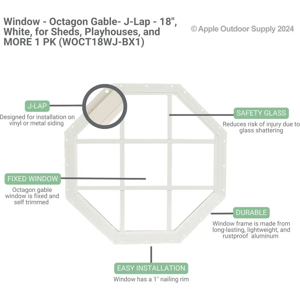 18 Octagonal Gable Window with J-Lap, Tempered Glass for Sheds, Playhouses, and Chicken Coops