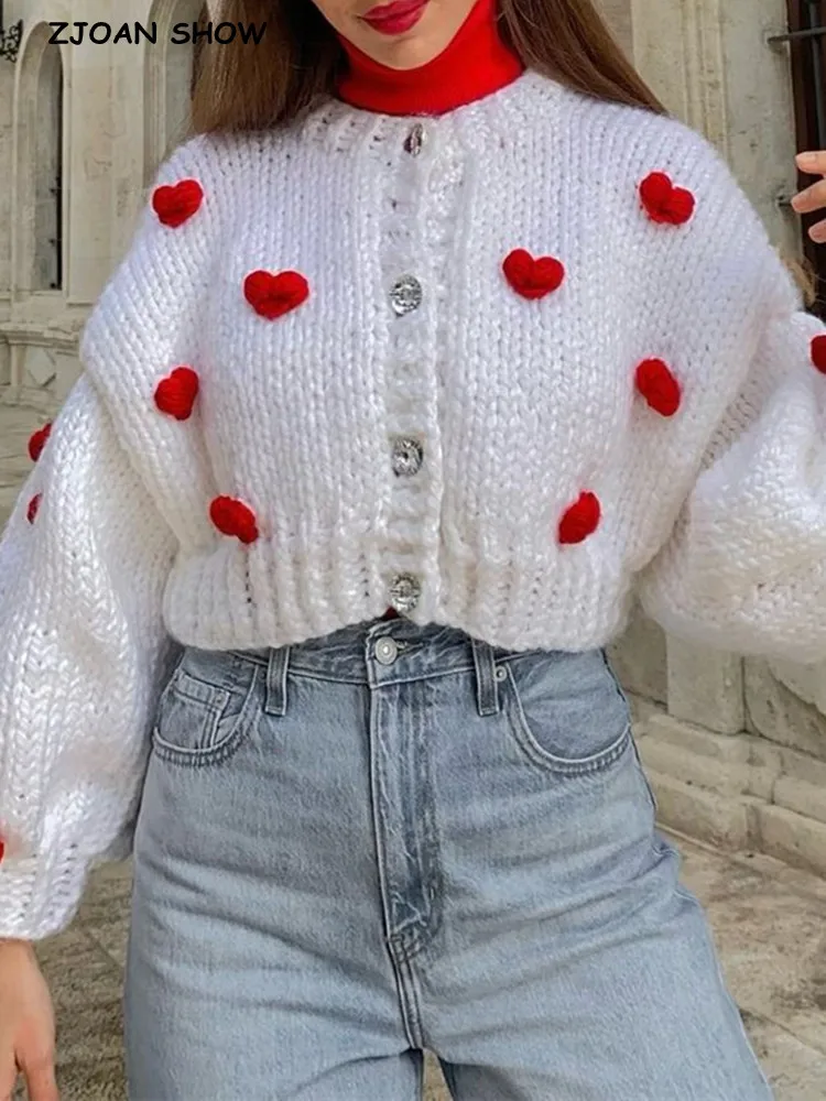 2022 Sweet Hand Made Crochet 3D Heart Ball Cropped Cardigan Woman O neck Long sleeve Knitting Coarse Sweater Knitwear Jumper